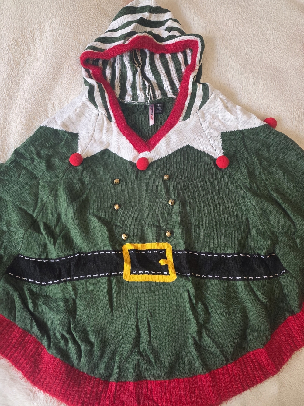 Elf Hooded Striped Knit Pullover Poncho Sweater Women’s L